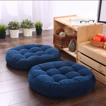 Pair of Round Floor Cushions Ball Fabric Filled- Blue