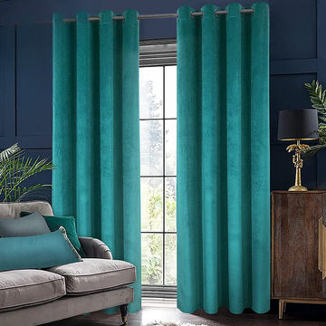 2 Pieces Plain Dyed Velvet Eyelet Curtains-Slate Blue