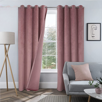 2 Pieces Plain Dyed Velvet Eyelet Curtains-Tea Pink