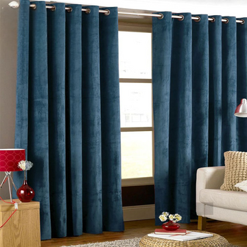 2 Pieces Plain Dyed Velvet Eyelet Curtains-Blue