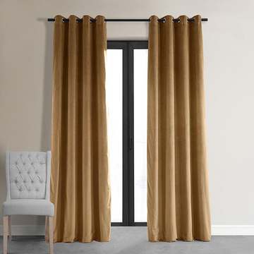 2 Pieces Plain Dyed Velvet Eyelet Curtains-Camel